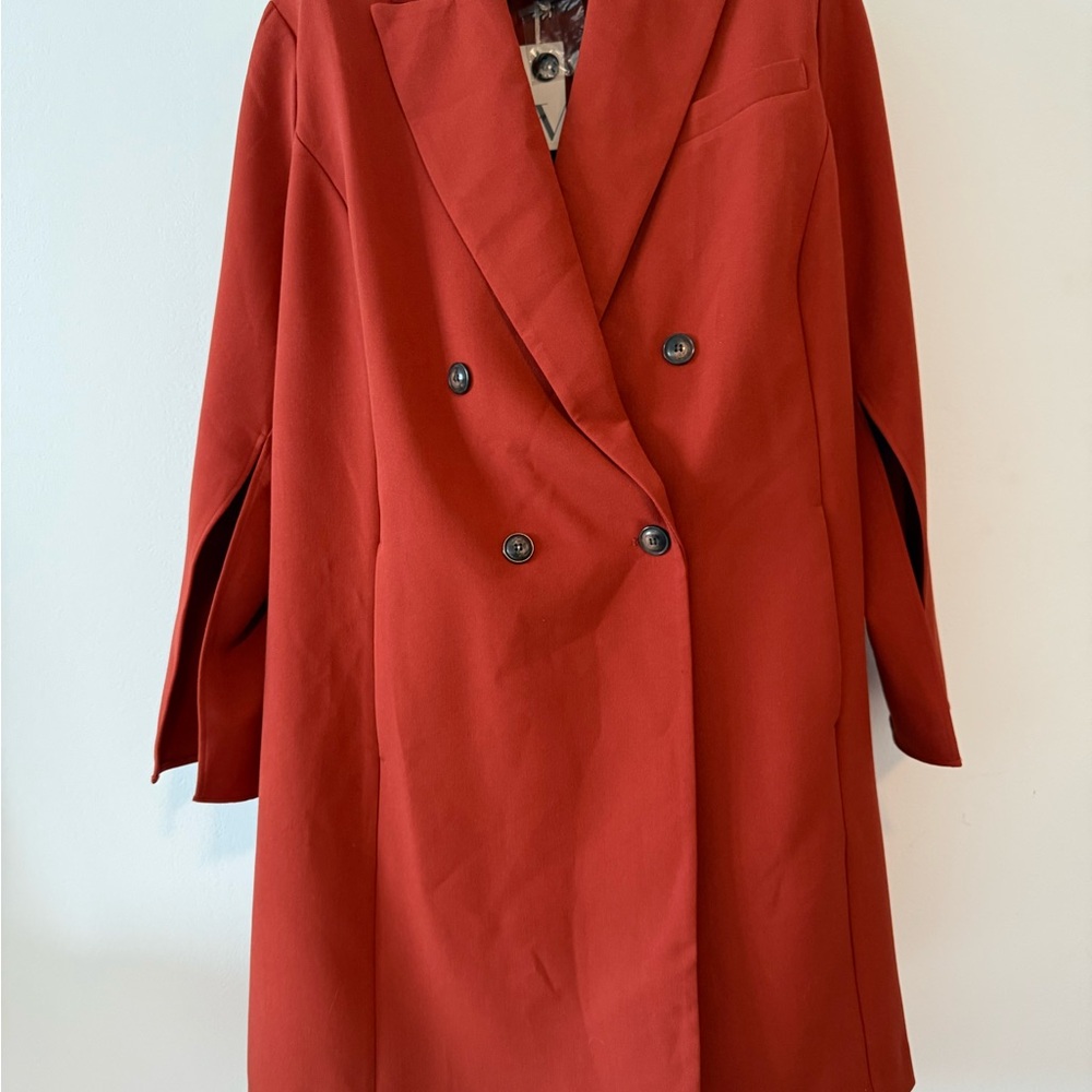 Elegant Double-Breasted Rust Trench Coat with the European flair!